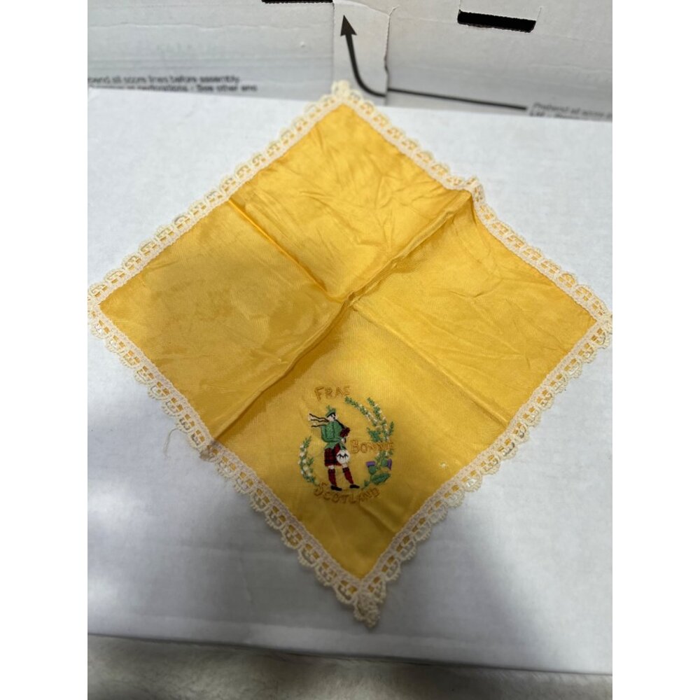 Yellow Scottish Handkerchief With Embroidered Piper & Lace Trim